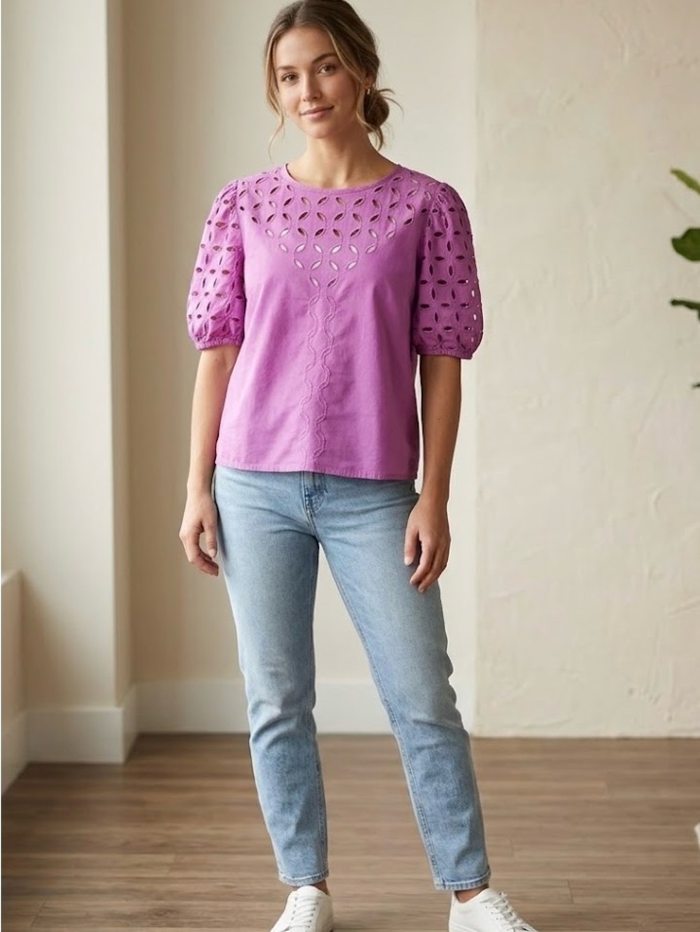 LOFT  Women’s Poplin Eyelet Puff Sleeve Blouse Size S 100% Cotton